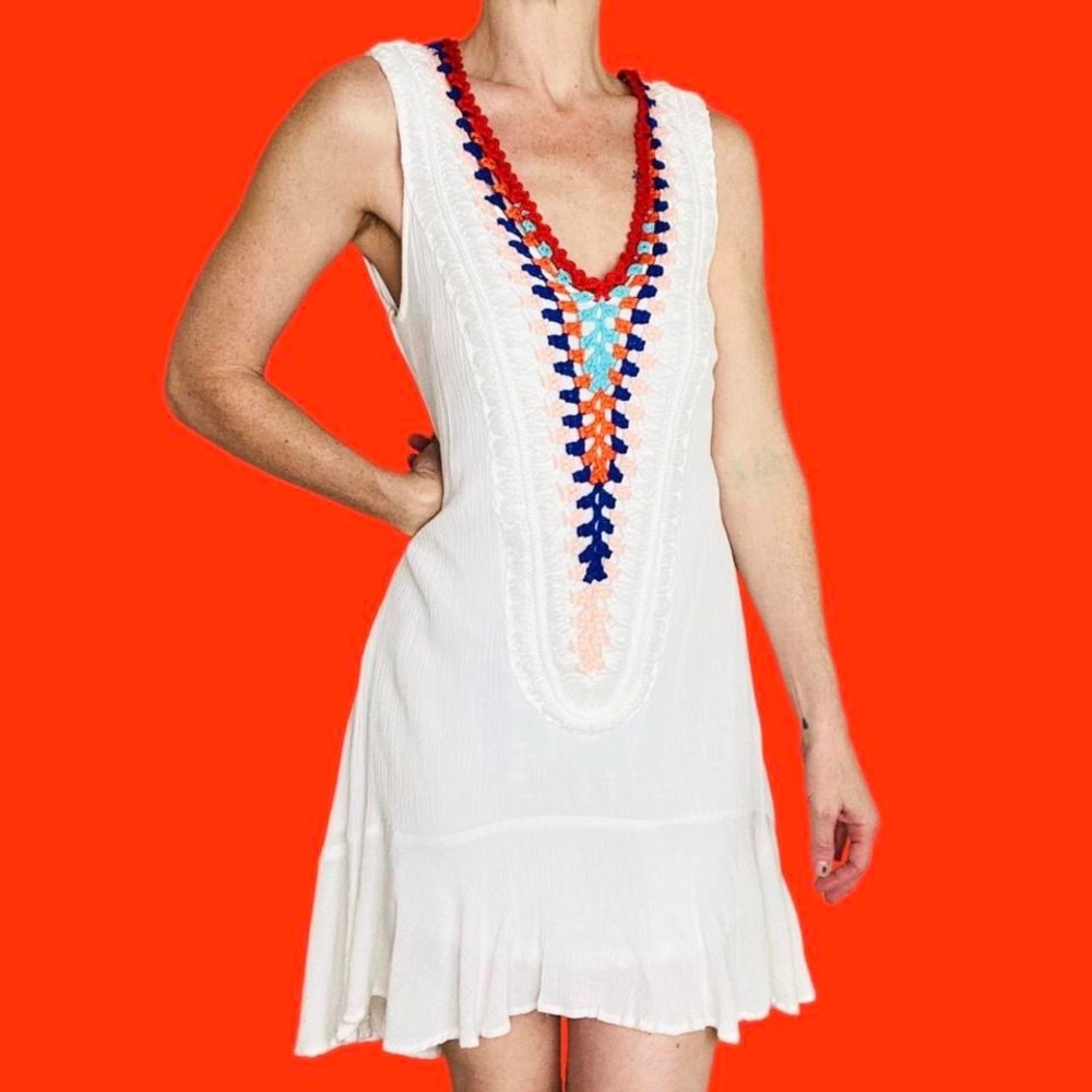Venus White Colorful Crochet Beach Swim Cover Hippie Mini Dress